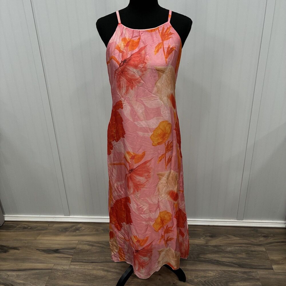 Le Ragazze Women's Small Pink Floral Silk Blend Maxi Trapeze Dress Quiet Luxury